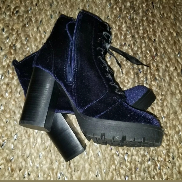 Blue Velvet Lace Up Booties - Picture 2 of 5